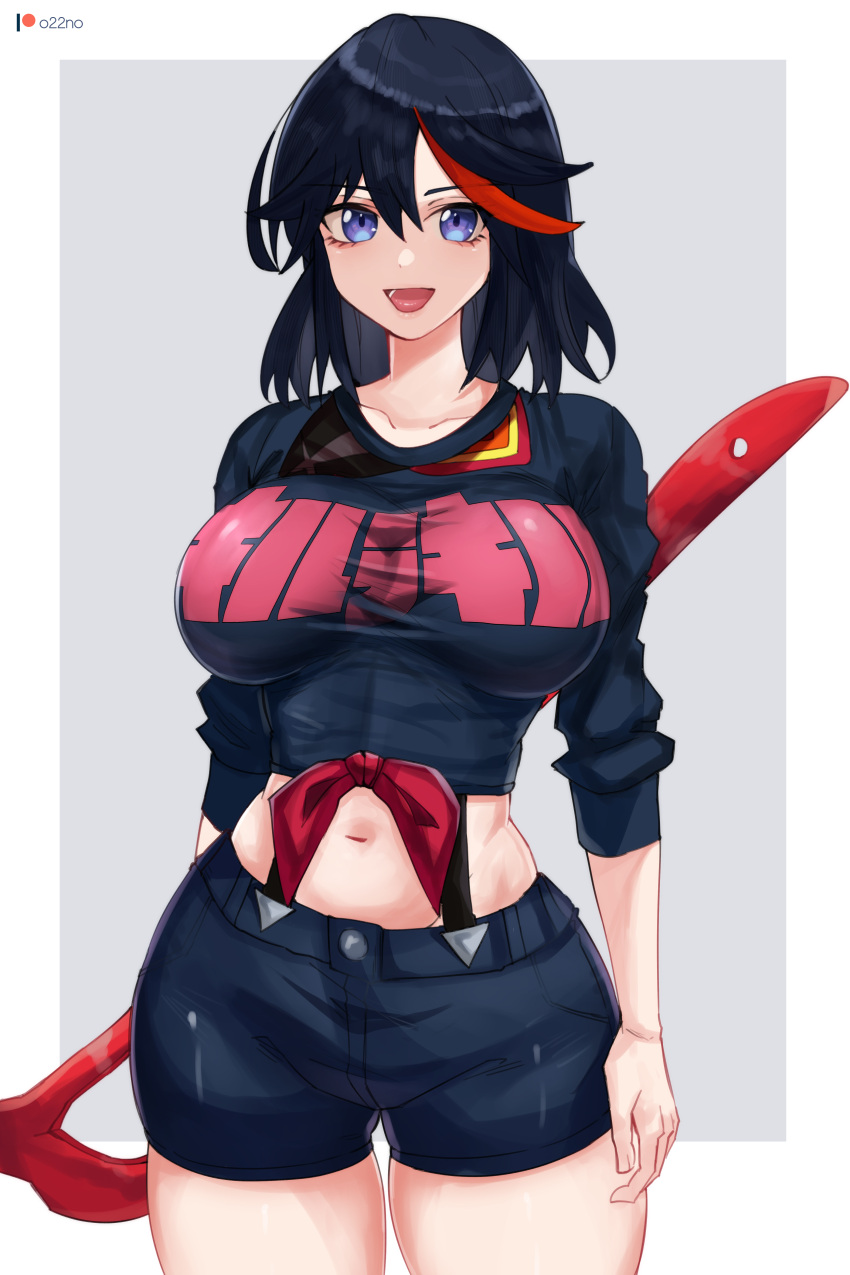 1girls big_breasts blue_eyes breasts female female_focus female_only kill_la_kill light_skin matoi_ryuuko o22no short_hair skirt skirt_lift smiling solo solo_female standing thick_thighs thighs thong two_tone_hair