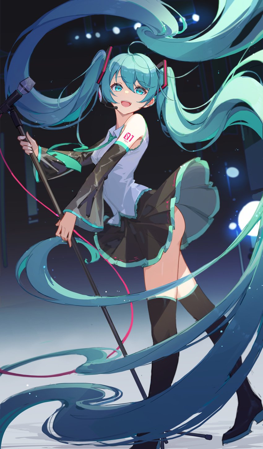 absurdly_long_hair aqua_eyes aqua_hair aqua_skirt ass bangs between_eyes black_footwear black_skirt black_sleeves boots detached_sleeves female hair hatsune_miku lance_(lancelliu) long_hair looking_at_viewer microphone open_mouth pink_ribbon pleated_skirt ribbon shirt skirt sleeveless sleeveless_shirt solo standing_thigh_boots twintails very_long_hair vocaloid white_shirt