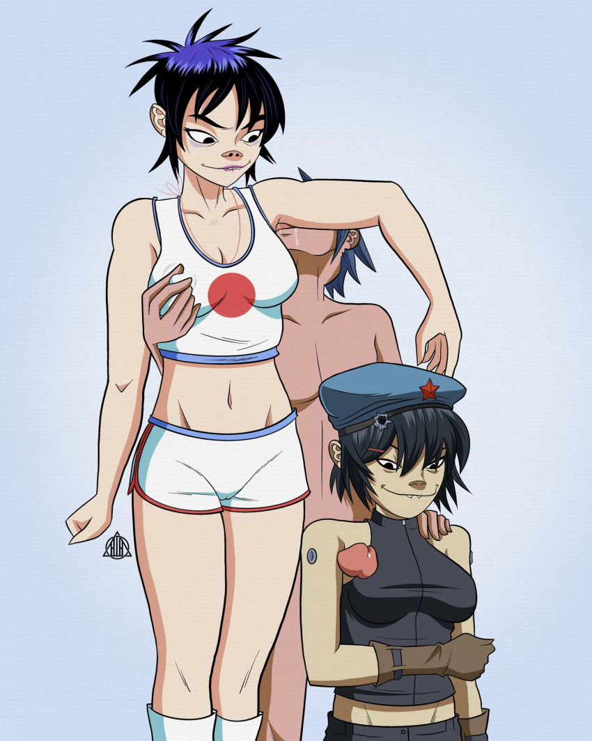 1boy 2d_(gorillaz) 2girls armpit_sex asian athletic_shorts bottomwear cameltoe clothing cyborg_noodle dolphin_shorts female footwear gloves gorillaz groping_breasts harrisartz hat hi_res human licking_armpit male midriff_baring_shirt multiple_girls noodle_(gorillaz) noodle_(pac-man) pale_skin penis pinching_nipples shorts sportswear topwear