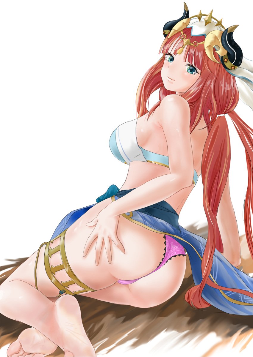 ass ass_grab bangs bikini blue_eyes blush breasts cameltoe feet female forehead_jewel genshin_impact highres horns jewelry long_hair long_sleeves looking_at_viewer medium_breasts navel nilou_(genshin_impact) red_hair skirt smile soles solo sprocket-gama swimsuit thighs toes veil white_background