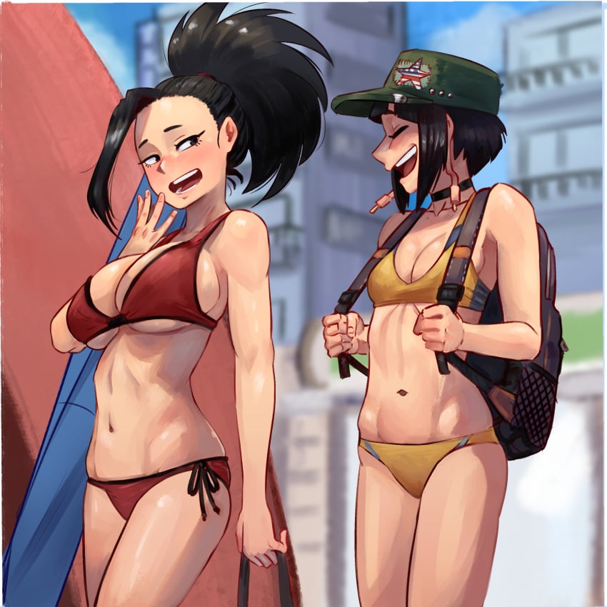 2022 2girls backpack bag beach big_breasts bikini black_hair breasts cap casual closed_eyes earlobe_jacks eltonel female hat human kyoka_jiro laughing momo_yaoyorozu my_hero_academia open_mouth pale_skin ponytail purple_hair red_bikini swimwear thick_thighs yellow_bikini