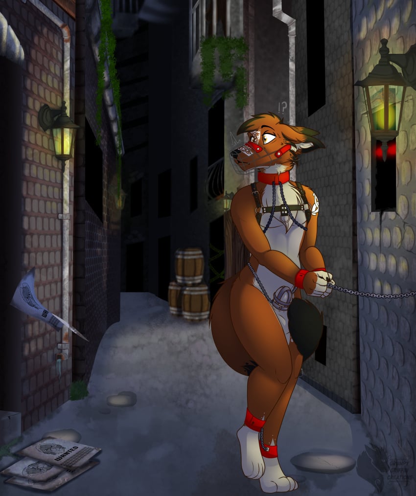 2022 absurd_res alley anthro balls biped bondage bondage bound cage_muzzle canid canine chained chains chastity_cage chastity_device collar cuff_(restraint) detailed_background digital_media_(artwork) distracted fur genitals grumpy_griffin_creations hair harness hi_res male mammal muzzle_(object) muzzled nude outside penis plant restraints shackles slave solo standing submissive text wanted_poster white_body white_fur