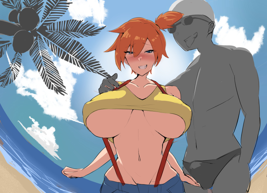 1boy asymmetrical_hair beach blue_eyes blush breasts clothes_pull clothing denim denim_shorts erect_nipples female gym_leader high_resolution huge_breasts kasumi_(pokemon) kunoichimaru large_breasts legs lips male midriff misty_(pokemon) navel nintendo nipples no_bra orange_hair pokemon pokemon_rgby ponytail shirt short_hair short_shorts shorts side_ponytail smile straight suspender_pull suspender_shorts suspenders tank_top thighs tied_hair underboob water yellow_shirt