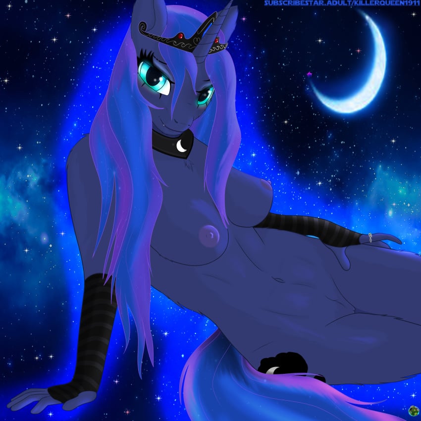 absurd_res alicorn anthro bedroom_eyes blue_body blue_eyes blue_fur blue_hair blush breasts clothed clothing crown cutie_mark detailed_background equid equine exposed_breasts eyelashes eyeshadow fangs female female_focus female_only friendship_is_magic fur gem genitals glowing glowing_eyes hair hasbro hi_res horn horse jewelry killerqueen1911 lips looking_at_viewer makeup mammal moon my_little_pony narrowed_eyes navel nipples nude partially_clothed pony princess princess_luna_(mlp) pussy regalia ring royalty seductive shaded simple_shading sleeves solo solo_focus space star thighs wings