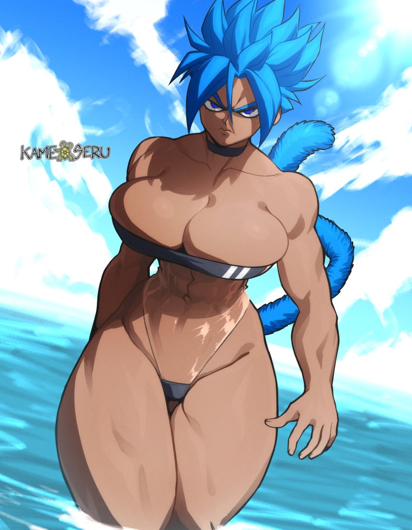 blue_eyes blue_hair breasts child_bearing_hips dragon_ball female_saiyan gris_swimsuit kameseru matsuna_(kameseru) monkey_tail oc original_character saiyan saiyan_tail solo solo_female super_saiyan super_saiyan_blue super_saiyan_blue_evolution swimsuit tail watermark