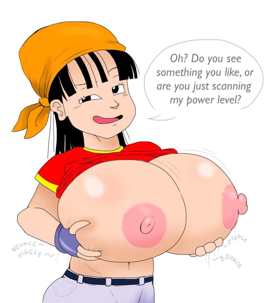 bandana breast_jiggle breasts_out dragon_ball dragon_ball_gt dragon_ball_z fingerless_gloves godalmite holding_breast huge_breasts hyper_breasts nipples onomatopoeia orange_bandanna pan_(dragon_ball) puffy_nipples smug_face text text_bubble