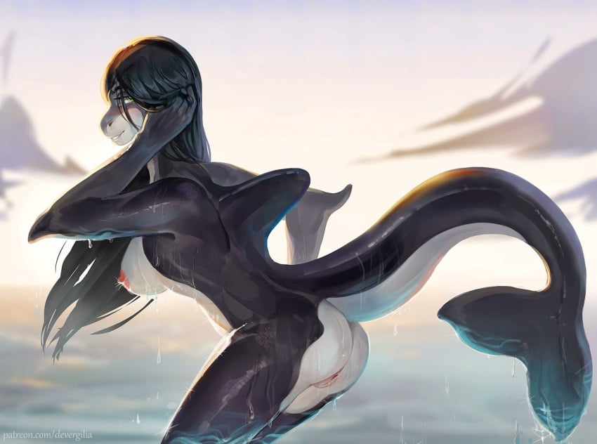 2022 adjusting_hair anthro ass black_body black_hair breasts cetacean cloud day delphinoid devergilia digital_media_(artwork) female fin genitals hair looking_at_viewer mammal marine nipples nude oceanic_dolphin orca outside pussy side_view smile solo toothed_whale water wet white_body