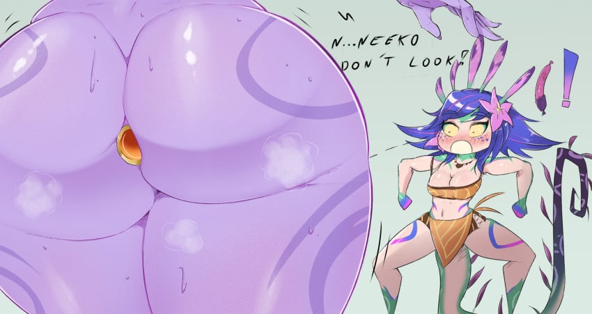 1futa 1girls ass back_view big_ass big_breasts buttplug comic dialogue futanari huge_ass implied_futanari jouljehart league_of_legends neeko purple_skin sex_toy soraka steam tagme tail text thick_thighs