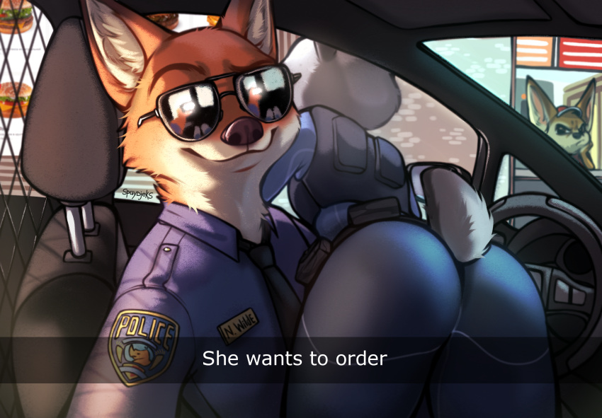 1boy 1girls 2022 angry anthro ass ass_focus belt canid canine car car_interior clothing dialogue digital_media_(artwork) disney duo duo_focus english_text eyewear finnick fox glasses group he_wants_to_order hi_res holding_object holding_phone indoors inner_ear_fluff judy_hopps lagomorph leporid looking_at_viewer male_anthro mammal meme nick_wilde pants phone phone_screen police police_uniform policewoman rabbit reflection sad selfie skin_tight snapchat spuydjeks sunglasses tail taking_picture text tuft uniform vehicle zootopia