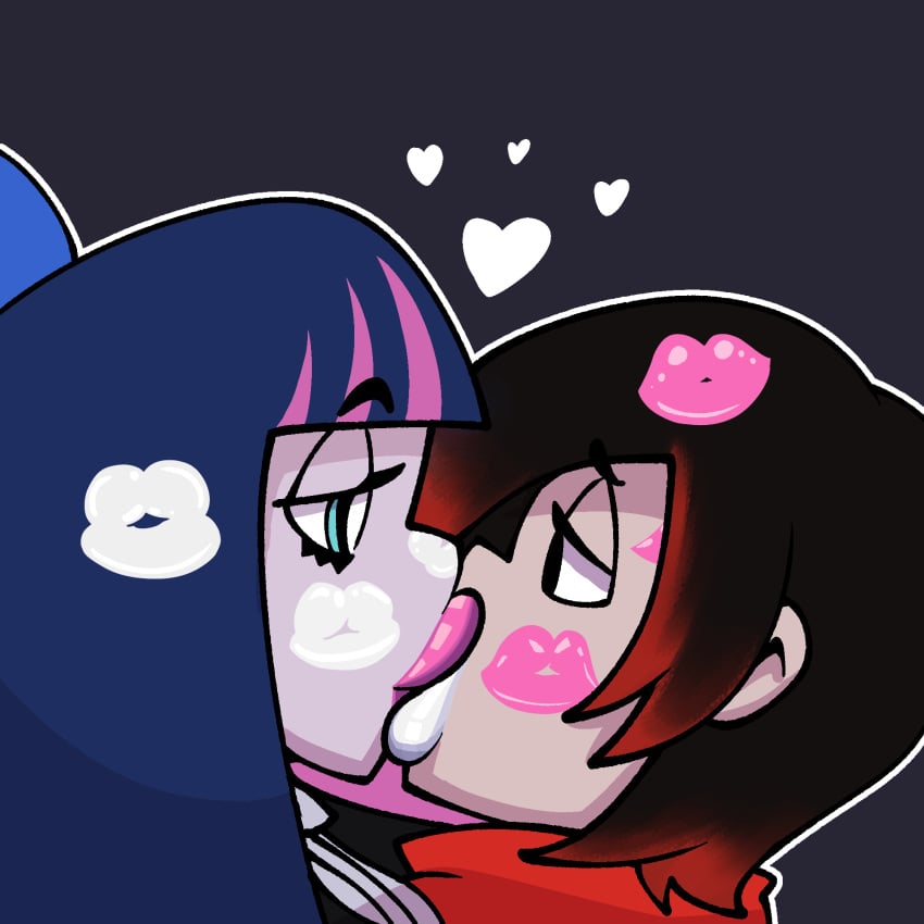 2girls angel black_hair crossover eastern_and_western_character female/female goth goth_girl heart human kiss_mark kissing lesbian lesbian_kiss lesbians lipstick_mark panty_&_stocking_with_garterbelt pink_lipstick purple_hair ruby_rose rwby shippart short_hair stocking_anarchy two_tone_hair weird_crossover white_lipstick yuri