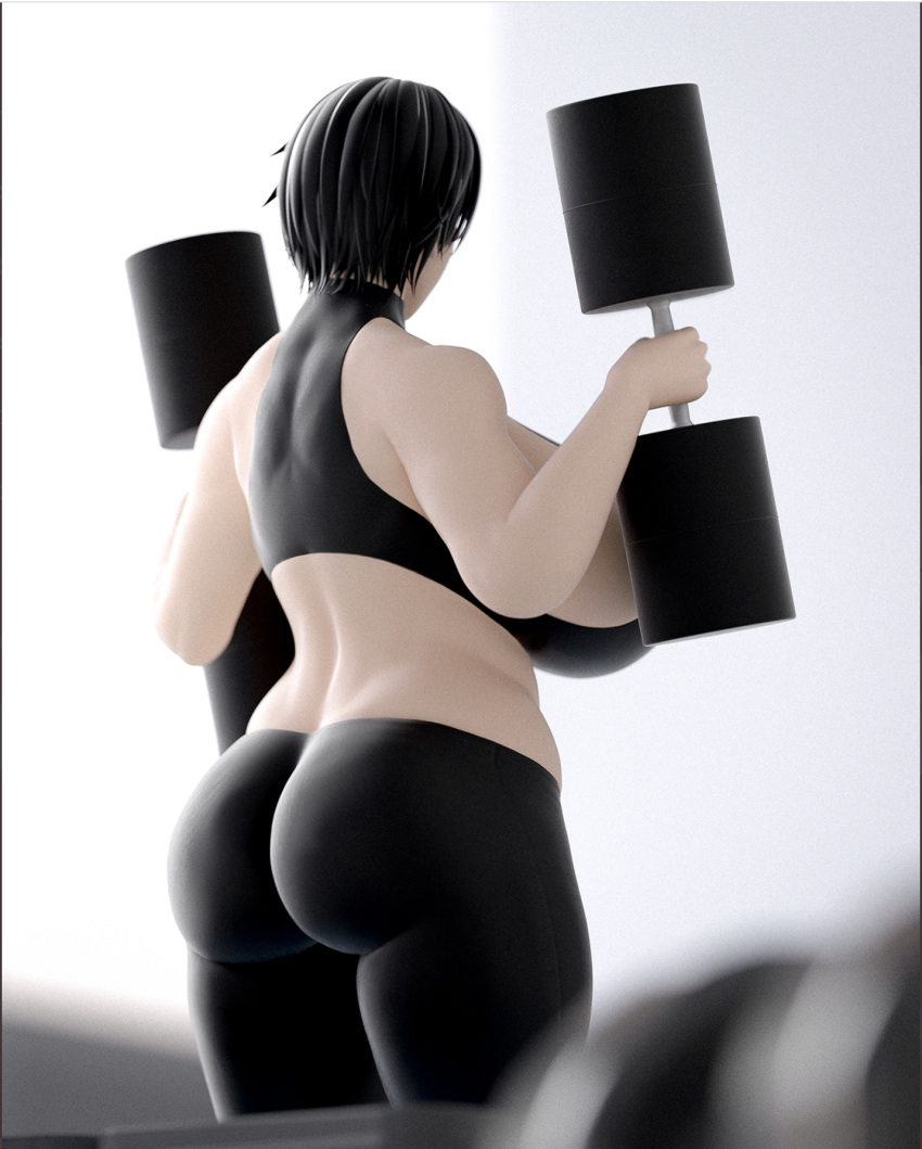 1girls 3d back_view big_ass big_breasts breasts clothed dumbbell female figure kunaboto kurogane_(kunaboto) short_hair supersolenoid toned toned_female venus_body weightlifting weights workout_clothes yoga_pants