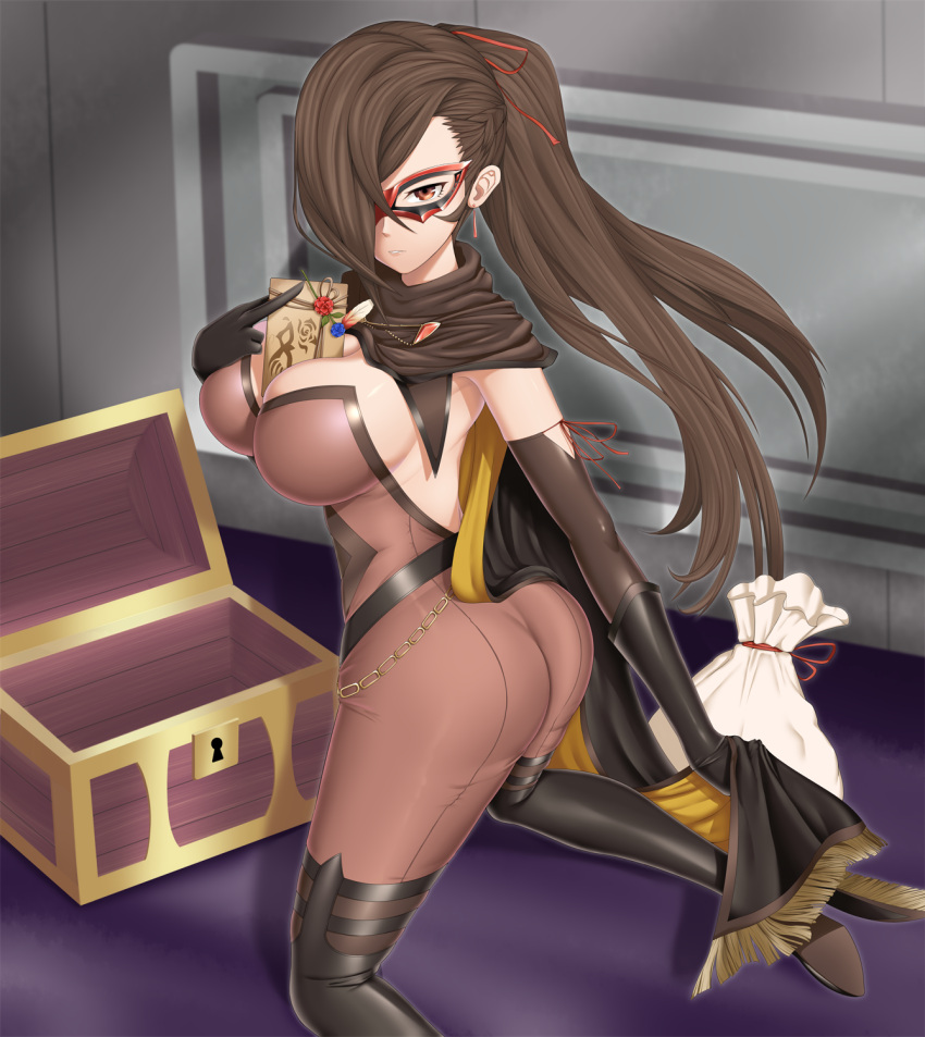 1girls alternate_costume alternate_version_available ass back backless_outfit bag bare_back between_breasts big_ass bodysuit boots breasts brown_eyes brown_hair cape caught chest cleavage elbow_gloves female female_only fire_emblem fire_emblem_fates fire_emblem_heroes glaring gloves hair_over_one_eye high_heels kagero_(fire_emblem) kagero_(thief)_(fire_emblem) kneeling large_breasts leotard letter long_hair looking_at_viewer looking_back mask namanama12ruiji nintendo official_alternate_costume ponytail scarf solo thief treasure treasure_chest