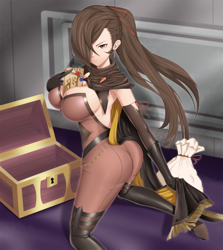 1girls alternate_costume alternate_version_available ass back backless_outfit bag bare_back between_breasts big_ass bodysuit boots breasts brown_eyes brown_hair cape caught chest cleavage elbow_gloves female female_only fire_emblem fire_emblem_fates fire_emblem_heroes glaring gloves hair_over_one_eye high_heels kagero_(fire_emblem) kagero_(thief)_(fire_emblem) kneeling large_breasts leotard letter long_hair looking_at_viewer looking_back namanama12ruiji nintendo official_alternate_costume ponytail scarf solo thief treasure treasure_chest