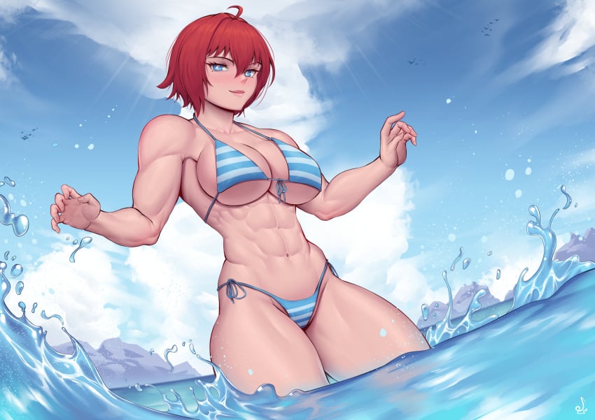 1girls abs absurd_res ahoge artist_signature biceps big_breasts bikini bird's-eye_view blue_bikini blue_eyes blush boob_window breasts cleavage clouds female forearm_muscles hi_res hourglass_figure large_breasts looking_at_viewer muscular muscular_arms muscular_female muscular_legs muscular_thighs original original_character quads red_hair serratus_anterior sideboob sky solo solo_female speedl00ver string_bikini swimsuit thick_thighs underboob water