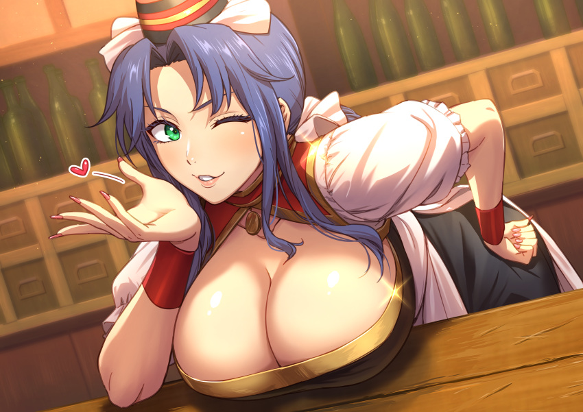 ;) armlet bent_over blowing_kiss blush bottles bracelet breasts breasts_on_table cleavage collar counter cynthia_(ys) desk drawers dress eye_contact falcom female female_focus green_eyes hair_ribbon hand_on_hip hat heart huge_breasts jewelry large_breasts leaning_forward lips lipstick long_hair long_nails looking_at_viewer makeup mini_hat nail_polish nails necklace one_eye_closed oyaji-sou parted_lips ponytail puffy_sleeves purple_hair ribbon shiny shop shopkeeper skirt smile store table tied_hair wink ys