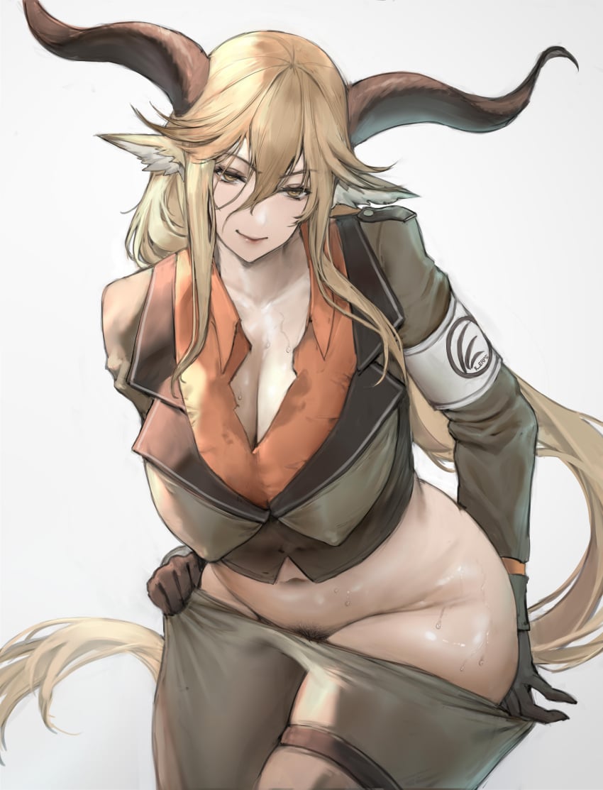 1girls animal_ear_fluff animal_ears arknights armband belly belly_button big_breasts blonde_hair boingoo breasts busty cleavage closed_mouth collarbone curvaceous curvy degenbrecher_(arknights) erected_nipples eyebrows_visible_through_hair female female_only female_pubic_hair gigantic_breasts gloves goat_ears goat_girl goat_horns hair_between_eyes half-closed_eyes hanging_breasts horns horny huge_breasts large_breasts light-skinned_female light_skin long_hair long_sleeves looking_at_viewer low-tied_long_hair massive_breasts midriff military_uniform naughty_face no_panties pants_pull pubic_hair pulled_by_self seductive seductive_look seductive_pose seductive_smile shiny_skin shirt sidelocks simple_background smile solo stomach sweat thick_legs thick_thighs thighs undressing voluptuous white_background wide_hips yellow_eyes