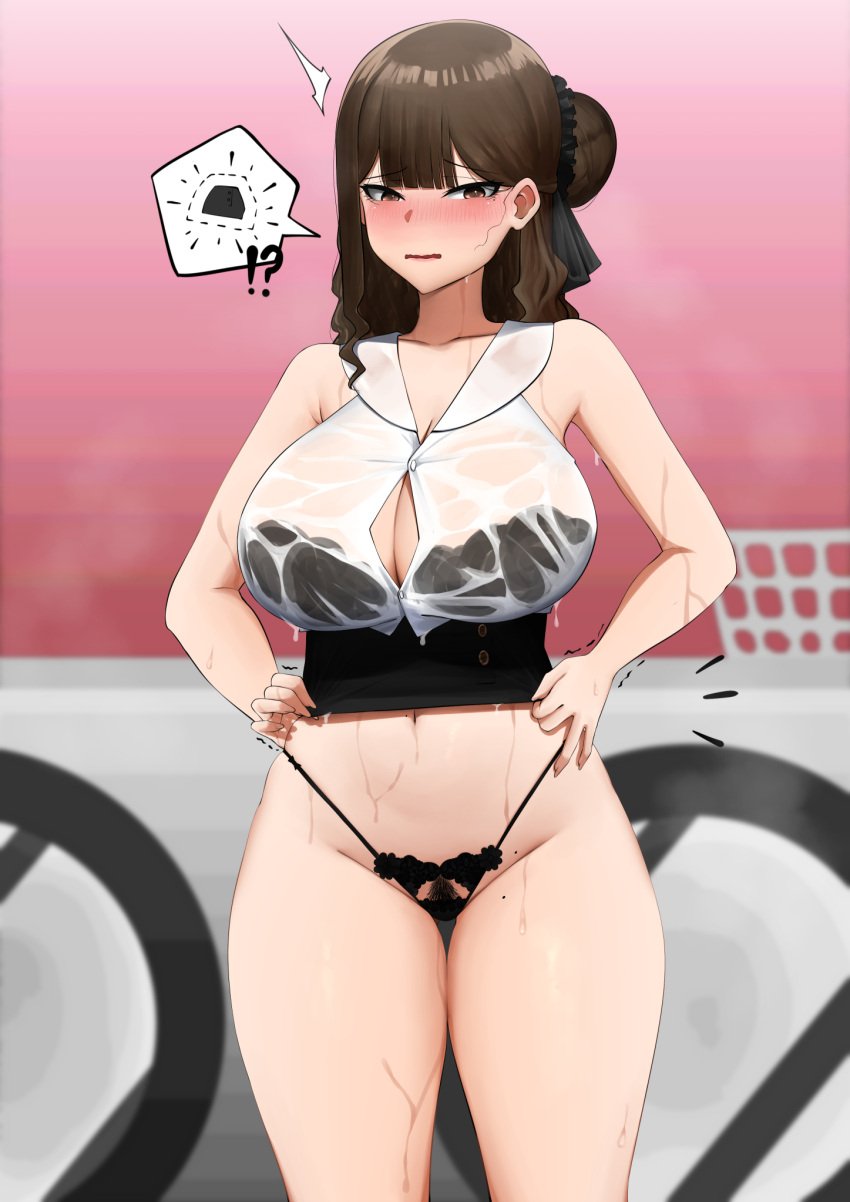 !? bare_arms bare_shoulders basket black_bra black_panties black_skirt blush bovine bra bra_visible_through_clothes brown_eyes brown_hair embarrassed female female_pubic_hair groin hair_bun high-waist_skirt highres long_hair mivioppai mole mole_on_thigh motion_lines navel nose_blush panties parted_lips pubic_hair see-through shirt single_hair_bun single_side_bun skirt sleeveless sleeveless_shirt solo speech_bubble spoken_object standing steam sukusan thigh_strap trembling undersized_clothes underwear washing_machine wavy_hair wet wet_clothes wet_shirt white_shirt