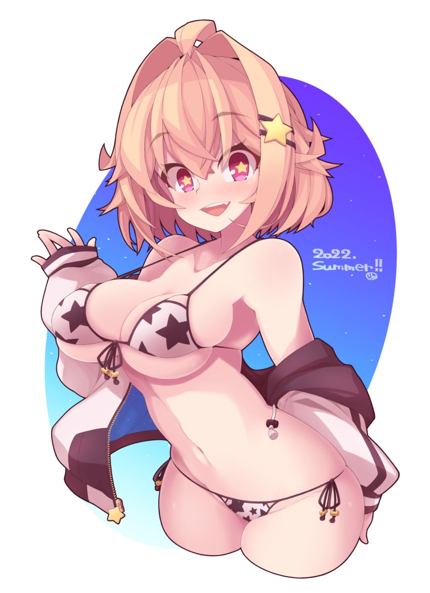 alternate_costume arcueid_brunestud big_breasts bikini blonde_hair blush breast_squish cleavage cow_bikini cow_print female female_only hair_intakes hair_ornament hairclip hoodie looking_at_viewer off_shoulder open_jacket open_mouth red_eyes rikumaru short_hair side-tie_bikini smile solo star-shaped_pupils star_(symbol) sweatshirt sweatshirt_and_bikini swimsuit tsukihime type-moon underboob