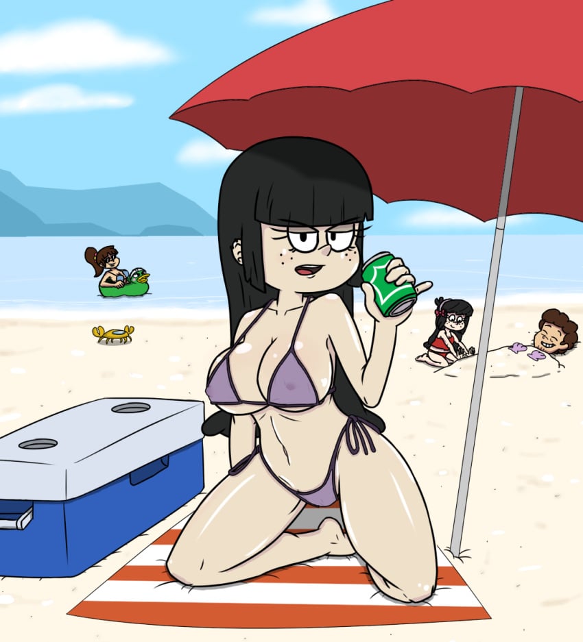 bangs beach beach_towel beach_umbrella benny_stein big_breasts bikini black_hair breasts cleavage cloud deviantracoon drink female_focus freckles gloom_loud holding holding_beverage holding_drink large_breasts lois_loud maggie_(the_loud_house) milf outdoors outside sand sky soda swimsuit swimwear the_loud_house thick_thighs thighs towel umbrella water