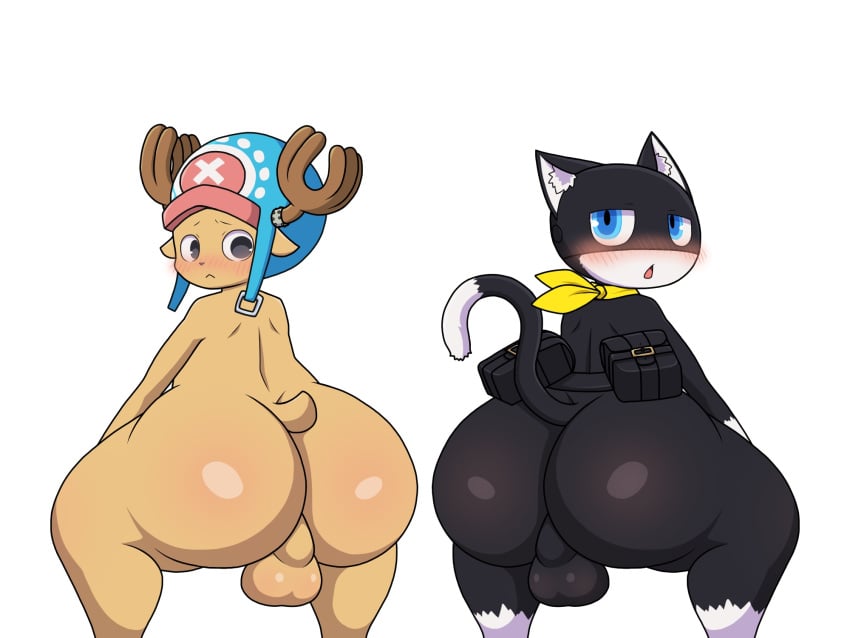 2022 anthro antlers ass atlus backsack balls big_ass big_butt black_body black_fur blue_eyes blush capreoline cervid clothing digital_media_(artwork) domestic_cat duo felid feline felis fur genitals half-closed_eyes hat headgear headwear hi_res horn katze-zucker katze_zucker kerchief looking_at_viewer looking_back male male_only mammal mask megami_tensei megami_tensei_persona morgana_(persona) mostly_nude narrowed_eyes nude one_piece open_mouth reindeer simple_background tony_tony_chopper video_games white_background