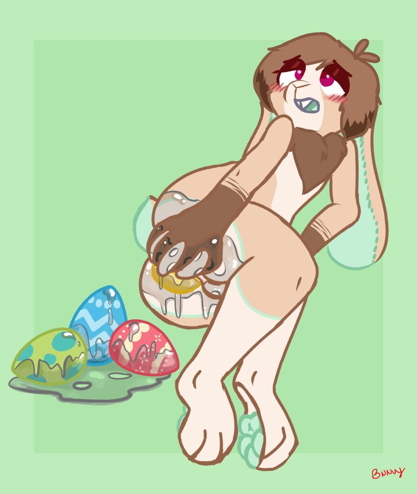 1boy 2022 ambiguous_fluids anthro blush chest_tuft droopy_eyes easter easter_egg egg egg_laying floppy_ears hi_res holidays lagomorph leporid long_ears lucentleader male male_only mammal pawpads paws rabbit solo solo_male sunny_(lucentleader) tuft