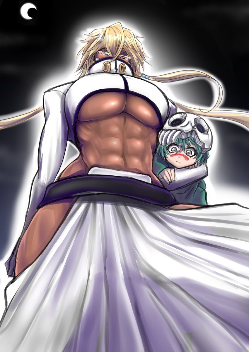 2girls abs absurdres arrancar big_breasts bleach breasts carrying carrying_partner crop_top dark-skinned_female dark_skin desert espada green_hair highres hueco_mundo impossible_clothes large_breasts larger_female light-skinned_female light_skin midriff multiple_girls muscular muscular_female nelliel_tu_odelschwanck outdoors revealing_clothes short_hair short_hair_with_long_locks size_difference skirt smaller_female soyuzu taller_female taller_girl tia_harribel toned toned_female underboob yellow_hair