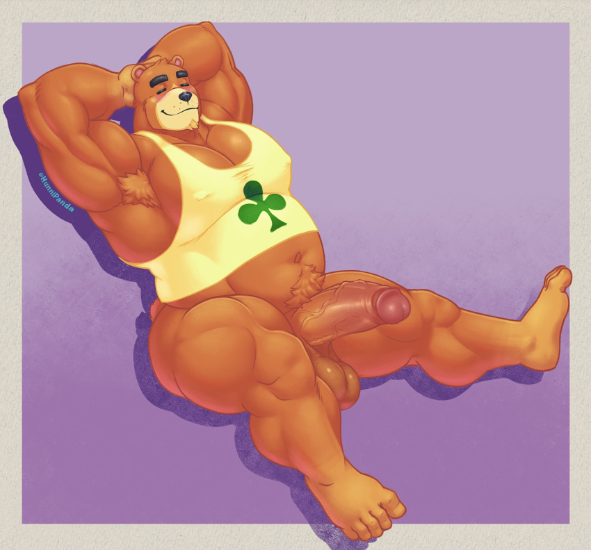 absurd_res animal_crossing anthro armpit_hair belly big_belly big_pecs body_hair brown_bear closed_eyes clothing erection feet grizzly_bear hands_behind_back hi_res hunnipanda male male_only mammal musclegut nintendo pecs shirt sitting solo tank_top teddy_(animal_crossing) topwear ursid ursine video_games