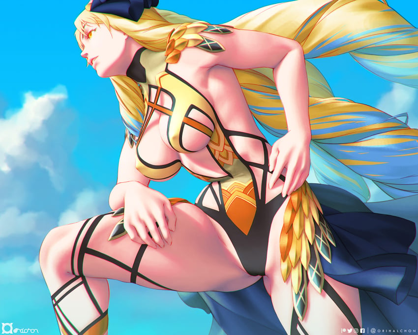 artist_name astraea_(fate) blonde_hair bow breasts drill_hair fate/grand_order fate_(series) female hairbow hand_on_hip hand_on_own_knee highres impossible_clothes large_breasts leotard long_hair looking_afar luviagelita_edelfelt multicolored_hair orihalchon parted_lips quad_drills signature solo thighs yellow_eyes