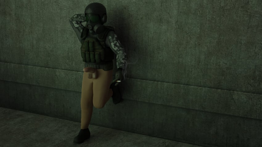 adrian_shephard army army_uniform black_mesa bottomless camouflage cigarette dick exhibitionism half-life half-life_opposing_force leaning_against_wall male male_focus male_only no_pants sfm shoes shoes_only source_filmmaker standing valve