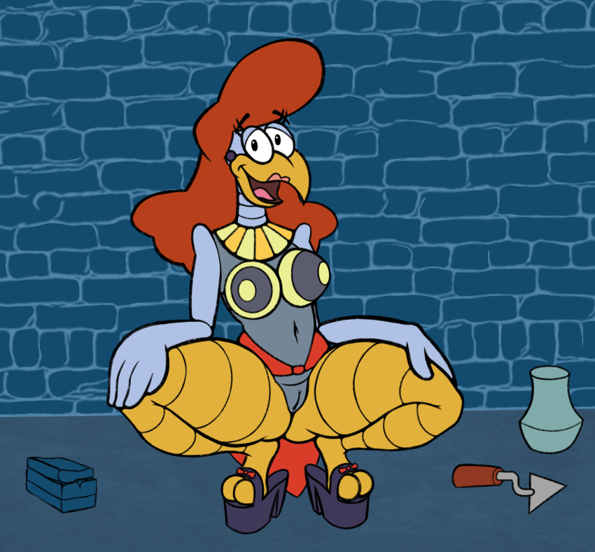 adventures_of_sonic_the_hedgehog anthro avian bedroom_eyes bird bra chicken clothing female footwear galliform gallus_(genus) genitals gold_(metal) gold_jewelry hair hi_res high_heels jewelry lipstick machine makeup narrowed_eyes navel necklace open_mouth phasianid pussy raki_boi red_hair robot scratch scratch_(adventures_of_sonic_the_hedgehog) scratch_(sonic) seductive sega smile solo sonic_(series) sonic_the_hedgehog_(series) squatting_position underwear