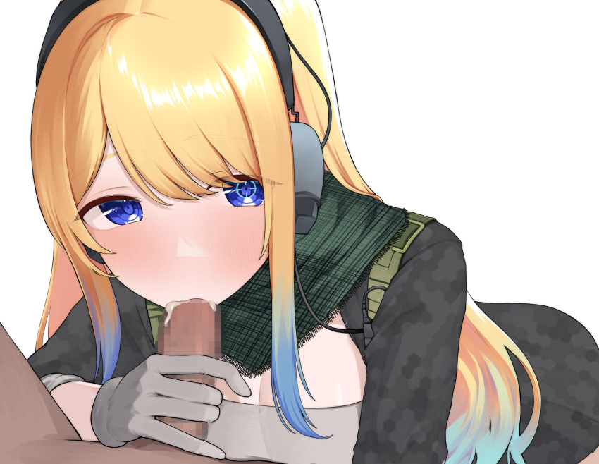 1boy 1girls blonde_hair blue_eyes blue_hair breasts camouflage censored dark-skinned_male dark_skin fellatio female gloves gradient_hair highres holding indie_virtual_youtuber light-skinned_female light_skin long_hair looking_at_viewer multicolored_hair non-web_source oral penis solo strigidae virtual_youtuber zeta_(vtuber)