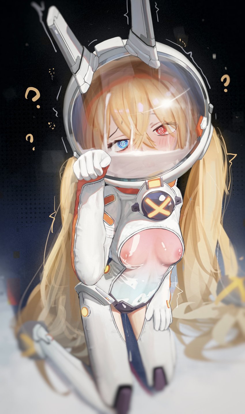 ? @_@ absurdres blonde_hair blue_eyes blush breasts cum cum_in_container cum_in_headwear cum_in_helmet cum_wearing drowning_in_cum facial female g41_(girls'_frontline) girls'_frontline heterochromia highres hsch kneeling long_hair medium_breasts navel nipples paw_pose red_eyes see-through space_helmet spacesuit twintails very_long_hair young