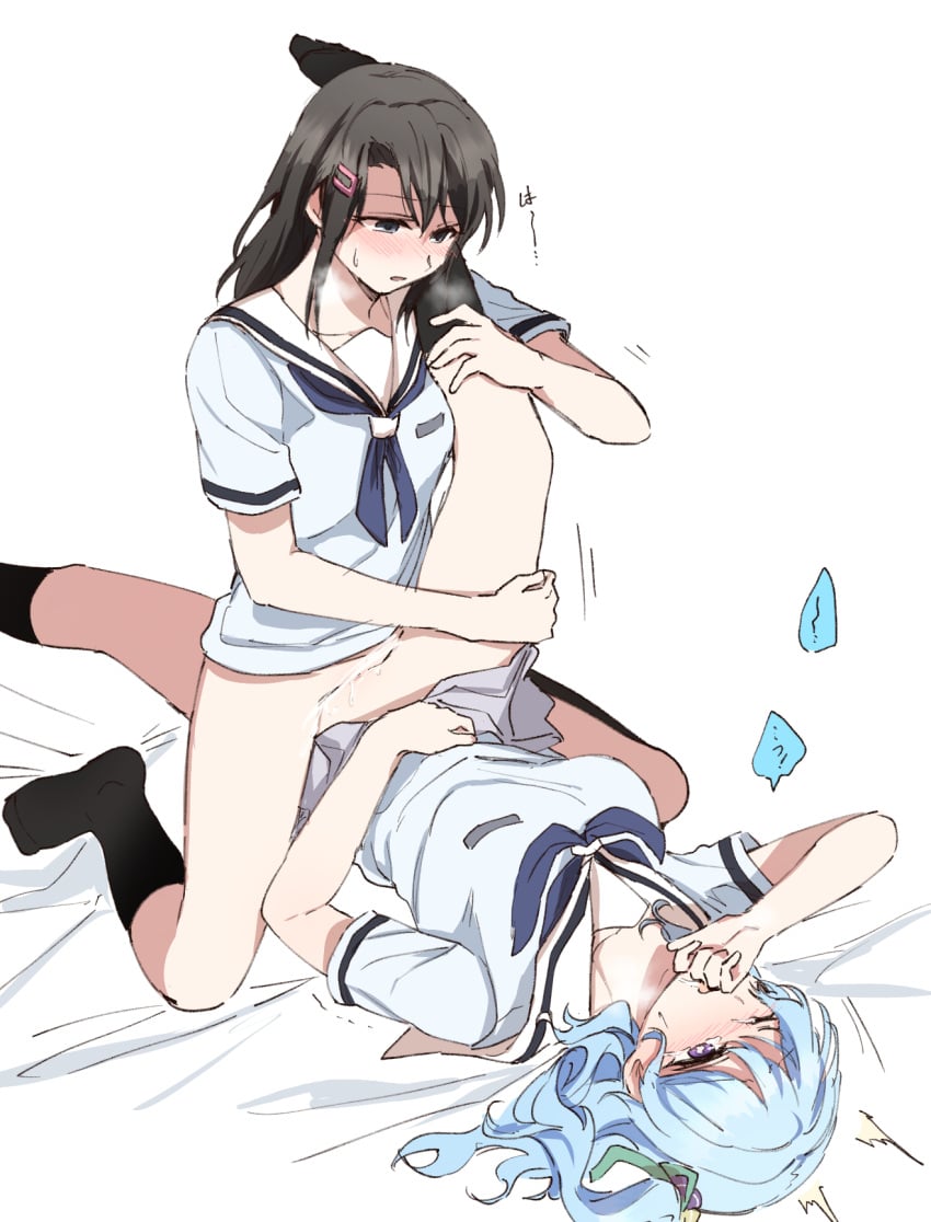 2girls aoiro_050 bang_dream! black_hair blue_eyes blue_hair bottomless covering_mouth female female_only hair_ornament hair_spread_out hairclip hanasakigawa_school_uniform highres long_hair lying matsubara_kanon medium_hair multiple_girls okusawa_misaki on_bed open_mouth purple_eyes pussy_juice school_uniform socks sweat tribadism yuri