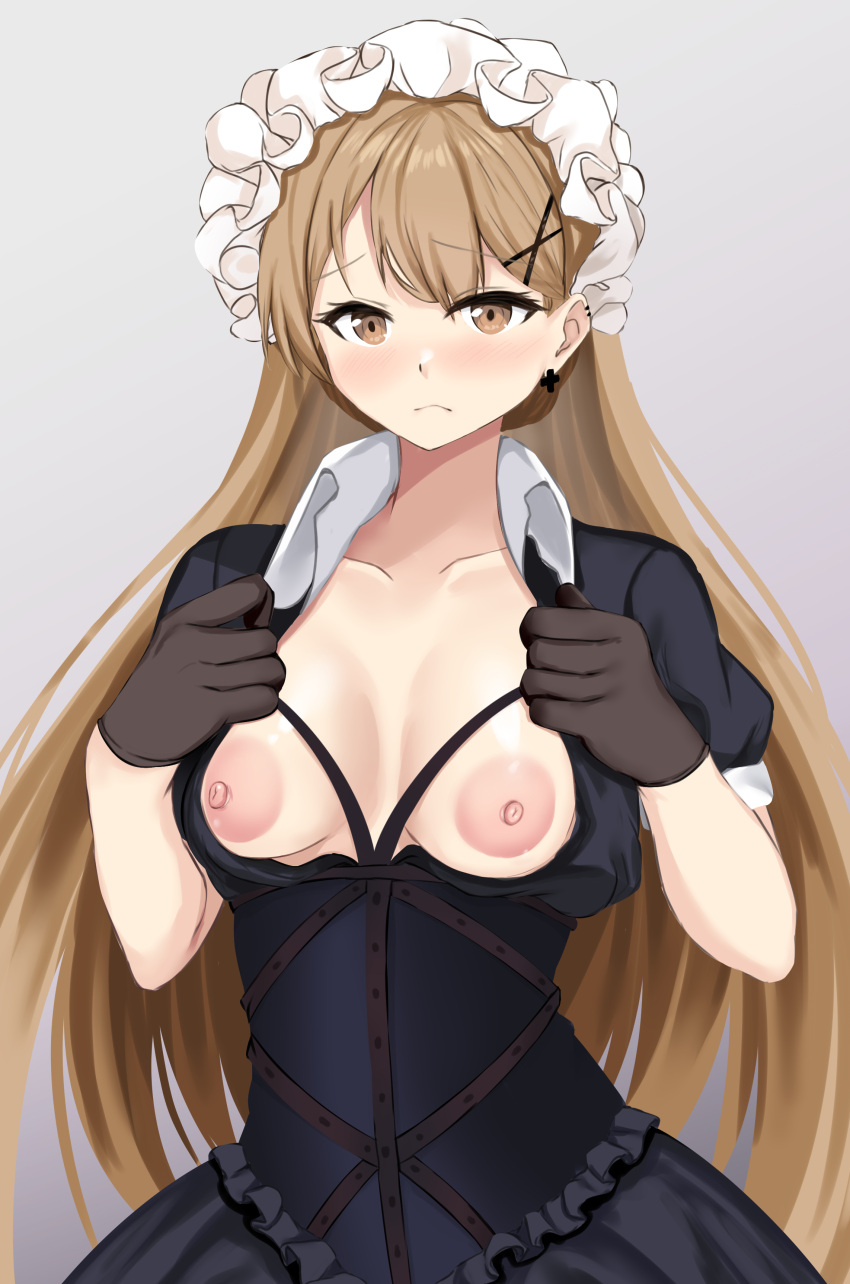 1girls absurdres black_gloves blush breasts breasts_out brown_eyes collarbone earrings female frilled_hairband frills girls'_frontline gloves hairband highres jewelry light-skinned_female light_brown_hair light_skin long_hair medium_breasts nipples ppk_(girls'_frontline) puffy_short_sleeves puffy_sleeves scourer_14 short_sleeves solo very_long_hair