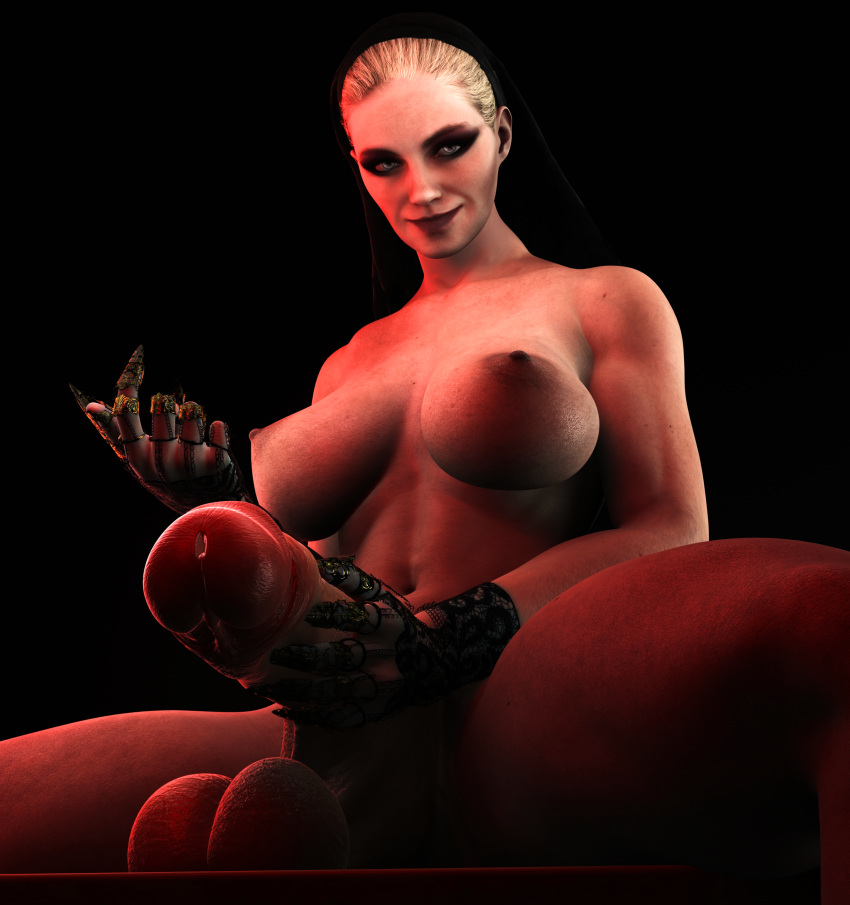 3d 3d_(artwork) ballsack belly_button big_breasts big_penis black_background black_eyeshadow chest claws come_hither futa_only futanari gloves hand_on_penis hood limp_penis mother_miranda_(resident_evil) naked navel neck nipples nude_futanari pale-skinned_futanari pale_hair pale_skin resident_evil resident_evil_8:_village seductive seductive_look solo_futa stomach wet_cheetos