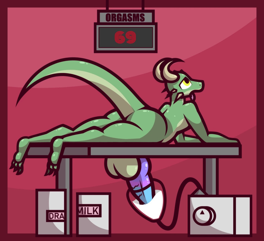 anthro anus ass balls bodily_fluids cel_shading cum cum_on_penis dodo_(dododragon) dragon ejaculation furniture genital_fluids genitals green_body ikakins machine male male_only milking_machine nude orgasm orgasm_face penis raised_tail reptile scalie shaded sign simple_background solo table tongue tongue_out