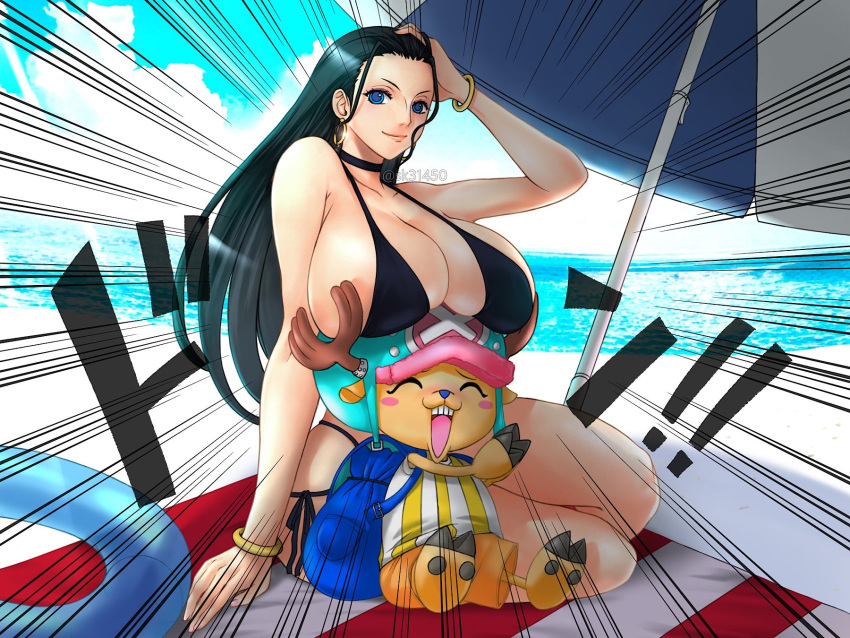 !! 1boy 1girls beach big_breasts bigger_female bikini bikini_bottom bikini_top black_hair blue_eyes blush boobs bra bracelet breast_bigger_than_head breasts breasts_on_head closed_eyes clothed clothing earrings eyes_closed female hand_on_ground hand_on_head hat horn huge_breasts long_hair looking_at_viewer looking_pleasured male nico_robin one_piece post-timeskip reindeer reindeer_antlers reindeer_humanoid shounen_jump sitting smaller_male tagme_(artist) taller_female tits tony_tony_chopper umbrella water watermark