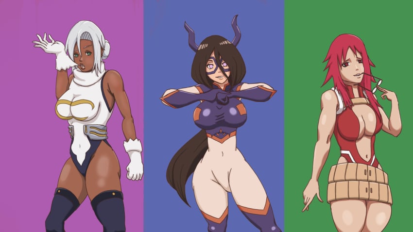 3girls big_breasts blue_eyes bodysuit boruto:_naruto_next_generations brown_hair busty center_opening cosplay costume crossover dark-skinned_female dark_skin female female_only fully_clothed glasses glasses_in_mouth glasses_removed gloves horns hyuuga_hanabi lavender_eyes leotard light-skinned_female light_skin looking_at_viewer mabui mask miruko_(cosplay) momo_yaoyorozu_(cosplay) mount_lady_(cosplay) multiple_girls my_hero_academia naruto naruto_(series) naruto_shippuden outfit outfit_swap red_eyes red_hair revealing_clothes shounen_jump silver_hair skirt take_your_pick uzumaki_karin voluptuous wanderagro893 yaoyorozu_momo_(cosplay)