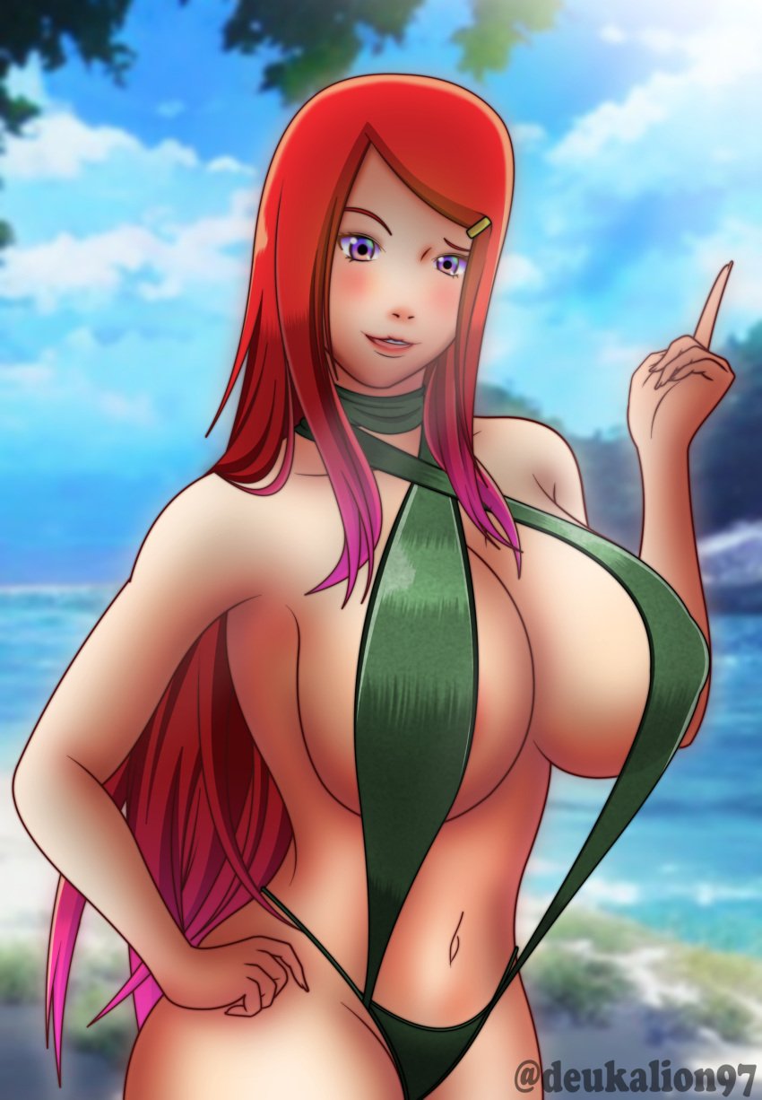 1girls absurd_res big_breasts blush breasts busty deukalion97 female female_only hi_res highres huge_breasts kunoichi long_hair looking_at_viewer milf naruto naruto_(series) naruto_shippuden ninja one-piece_swimsuit outdoors purple_eyes raised_eyebrow red_hair revealing_swimsuit shounen_jump sling_bikini slingshot_swimsuit solo solo_focus top_heavy uzumaki_kushina very_long_hair voluptuous