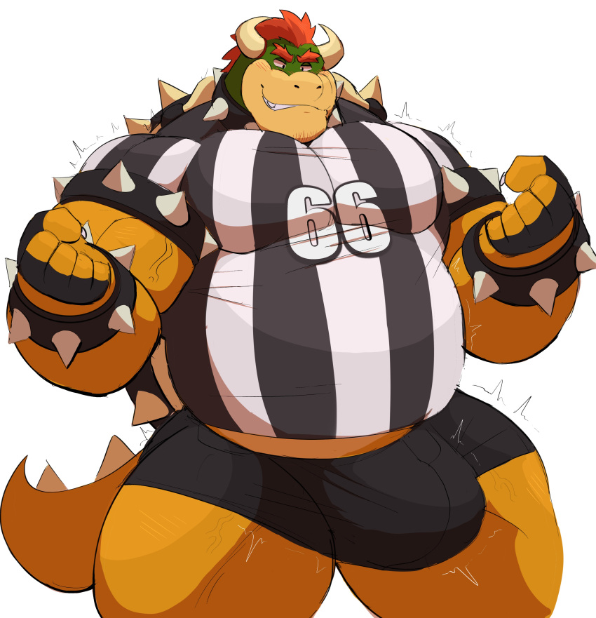 2022 absurd_res anthro armband barazoku belly biceps big_bulge big_muscles bottomwear bowser bracelet bulge claws clothed clothing collar eyebrows facial_hair fingerless_gloves flexing gloves hair handwear hi_res horn huge_bulge huge_muscles huge_thighs jersey jewelry koopa male male_only mario_(series) mario_strikers motion_lines musclegut muscular muscular_anthro muscular_male nintendo number overweight overweight_anthro overweight_male pecs scalie shell shorts simple_background smile solo spiked_armband spiked_bracelet spiked_collar spiked_shell spiked_tail spikes spikes_(anatomy) standing stubble teeth thick_thighs tight_clothing vein video_games vitashi white_background