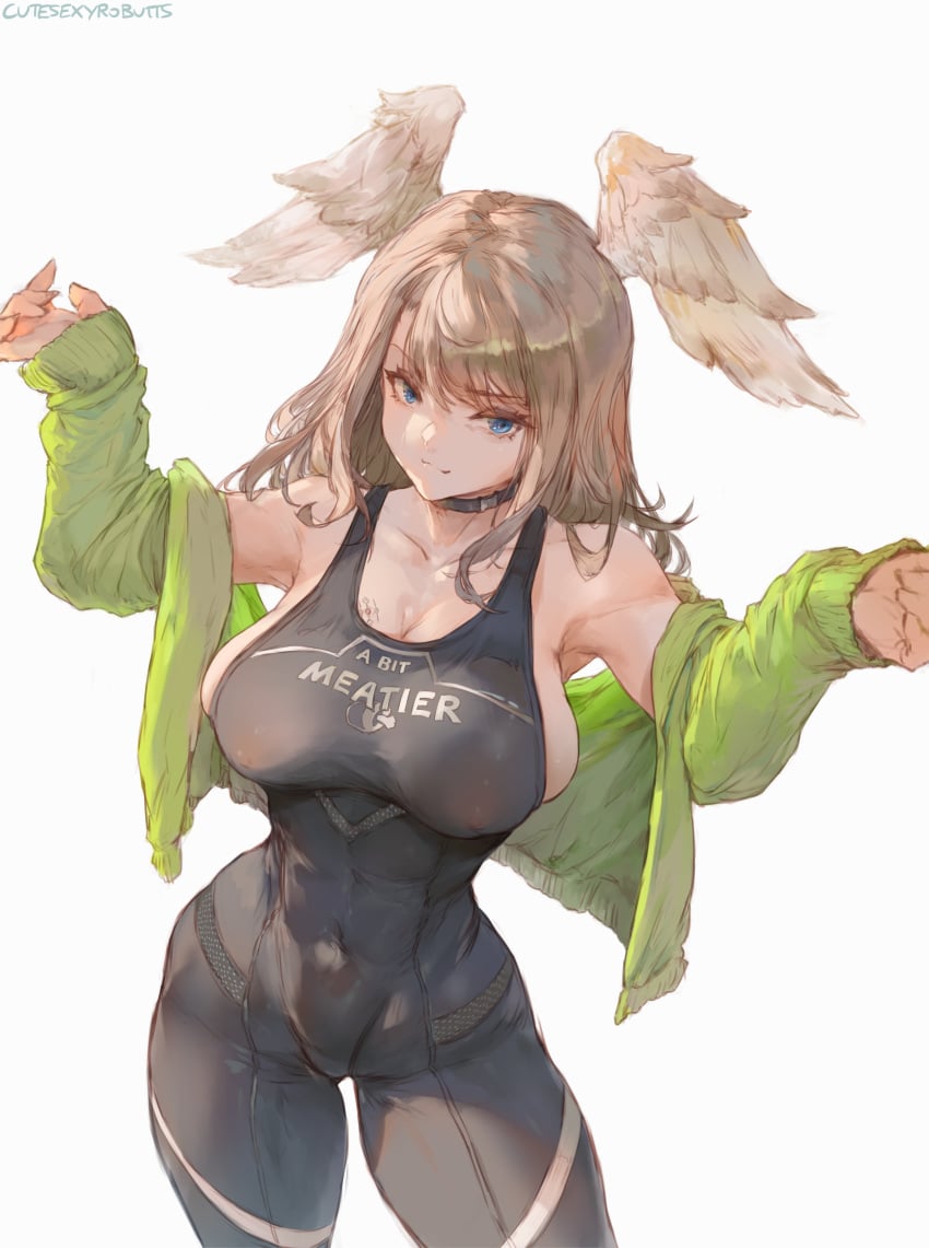 1girls alternate_breast_size bare_shoulders big_breasts black_choker black_tank_top blonde_female blonde_hair blonde_hair_female blue_eyes breasts choker collar collarbone covered_navel covered_nipples cutesexyrobutts dirty_blonde_hair erect_nipples eunie_(xenoblade) female female_only head_wings huge_breasts jacket large_breasts leotard light-skinned_female light_skin looking_at_viewer muscles muscular muscular_female navel nintendo nipple_bulge nipples nipples_visible_through_clothing skin_tight smile smiling smiling_at_viewer solo tank_top thighs wings xenoblade_(series) xenoblade_chronicles_3