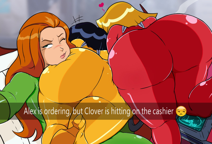 2022 3_bodysuits 3girls alex_(totally_spies) artist_name ass ass_focus big_ass big_butt black_hair blonde_hair bodysuit brown_hair bubble_ass bubble_butt car car_interior clover_(totally_spies) dark-skinned_female dat_ass dialogue embarrassed english_text face_on_ass fat_ass fat_butt feet_out_of_frame female female_focus female_only green_eyes green_jumpsuit he_wants_to_order high_heels huge_ass huge_butt indoors jumpsuit large_ass large_butt latex light-skinned_female meme one_eye_closed phone phone_screen red_jumpsuit sam_(totally_spies) selfie she_wants_to_order skin_tight skintight_bodysuit snapchat taking_picture text thick_ass thick_thighs thunder_thighs totally_spies vehicle wide_hips yellow_jumpsuit