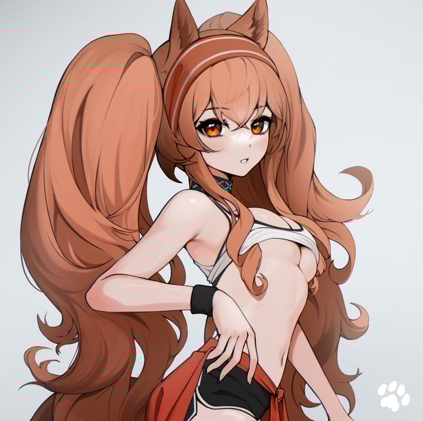 angelina_(arknights) angelina_(basketball)_(name_subject_to_change)_(arknights) animal_ears arknights bangs bare_arms bare_shoulders black_choker black_shorts breasts brown_eyes brown_hair choker cleavage ett female fox_ears grey_background hair_between_eyes hairband highres infection_monitor_(arknights) long_hair looking_at_viewer midriff navel official_alternate_costume parted_lips red_hairband short_shorts shorts simple_background solo sports_bra stomach twintails underboob upper_body very_long_hair wristband