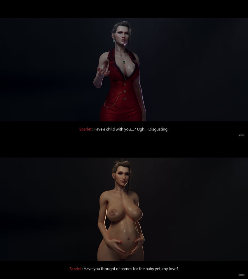 1girls 3d areolae before_and_after before_and_during_pregnancy big_breasts breasts cleavage female female_only final_fantasy final_fantasy_vii final_fantasy_vii_remake instant_loss_2koma large_breasts looking_at_viewer nipples nude pregnant scarlet_(ffvii) text vekkte