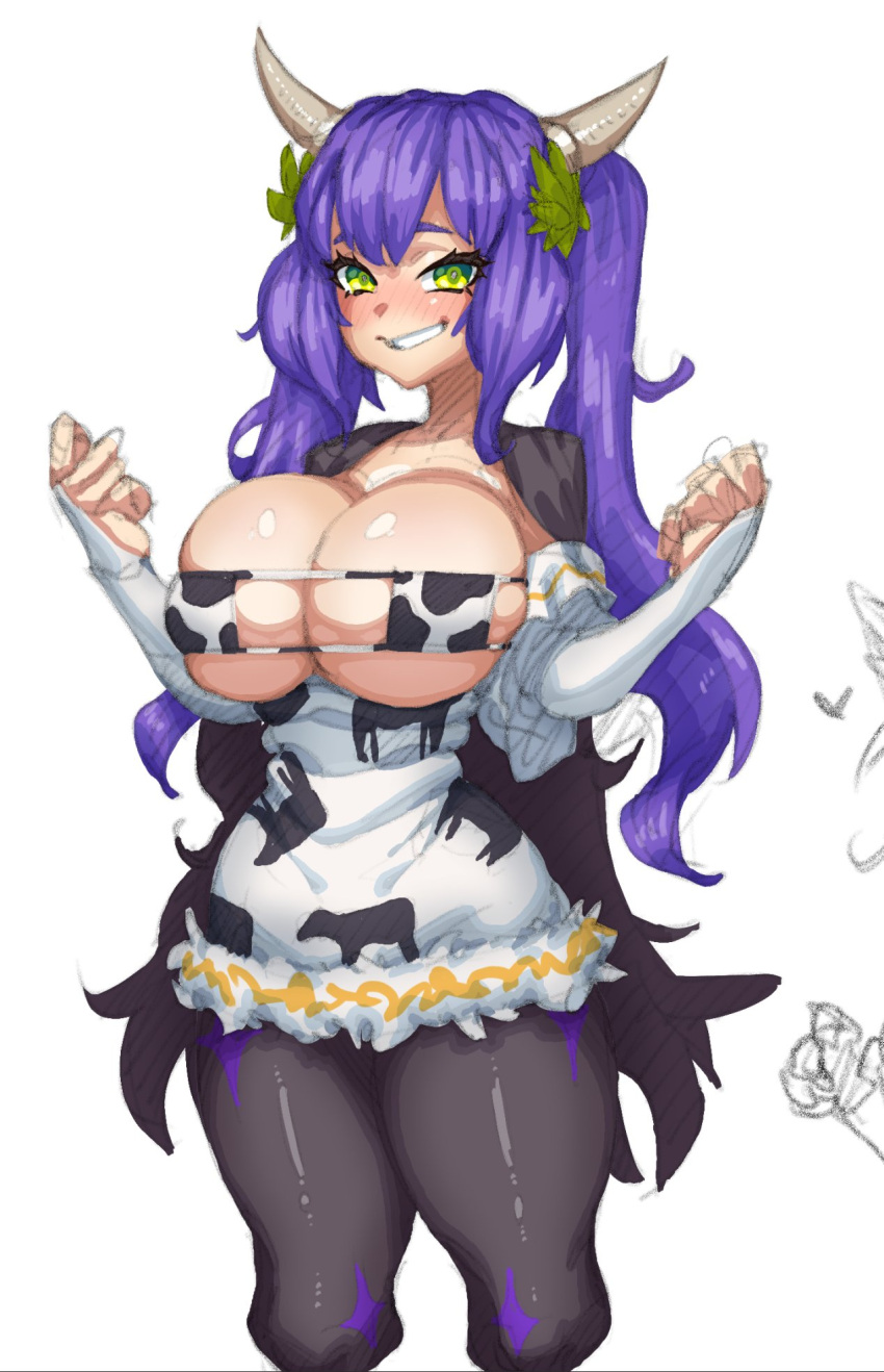 1girls bangs black_cape black_legwear black_pantyhose breasts cape cleavage clothes_pull cow_girl cow_horns cowboy_shot cropped_legs dress dress_pull female green_eyes highres horns huge_breasts long_hair long_sleeves looking_at_viewer makinakid off-shoulder_dress off_shoulder pantyhose purple_hair romolla shiny shiny_skin short_dress sidelocks simple_background skindentation thick_thighs thighs twintails underboob very_long_hair virtual_youtuber white_background white_dress