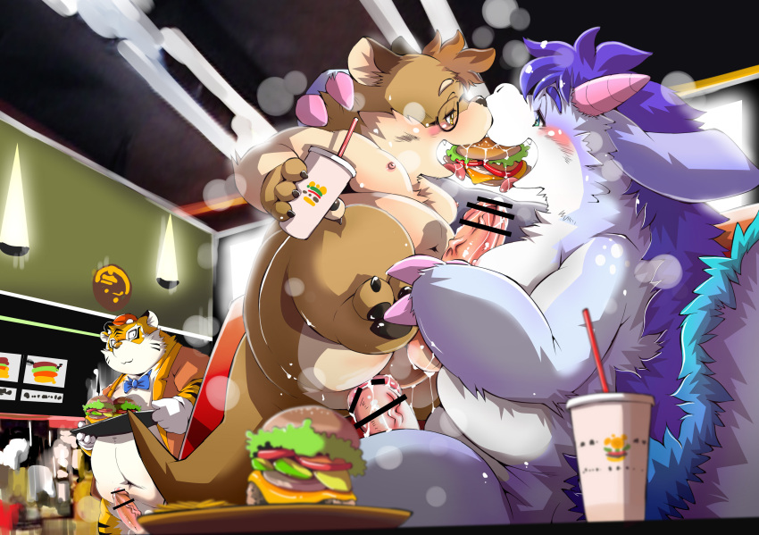 2022 anthro balls blue_body blush bow_tie brown_body burger censored chibineco detailed_background dragon eating erection eyewear felid food genitals glasses hi_res inside kemono knavie_(k_navie) lutrine male male/male mammal mustelid orange_body overweight overweight_male pantherine penis sex tiger white_body