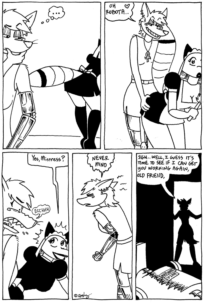 black_and_white canid canine canis clothing comic cybernetics cyborg female fox hi_res humor jackal machine maid_uniform male mammal monochrome robot sex tegerio uniform