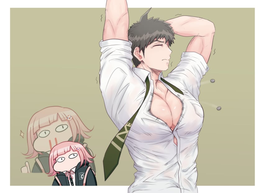 bloody_nose danganronpa danganronpa_2:_goodbye_despair gon_(congchuabuoito) hinata_hajime man_boobs nanami_chiaki straight_hair super_danganronpa_2 tie unbuttoned_shirt wardrobe_malfunction