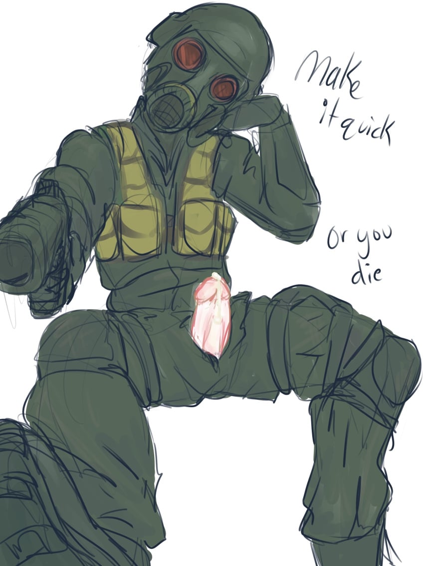 colored_sketch dead_by_daylight deadlyurges fully_clothed gun hunk_(resident_evil) male_only mask masked pov resident_evil sketch the_legion_(dbd) threatening