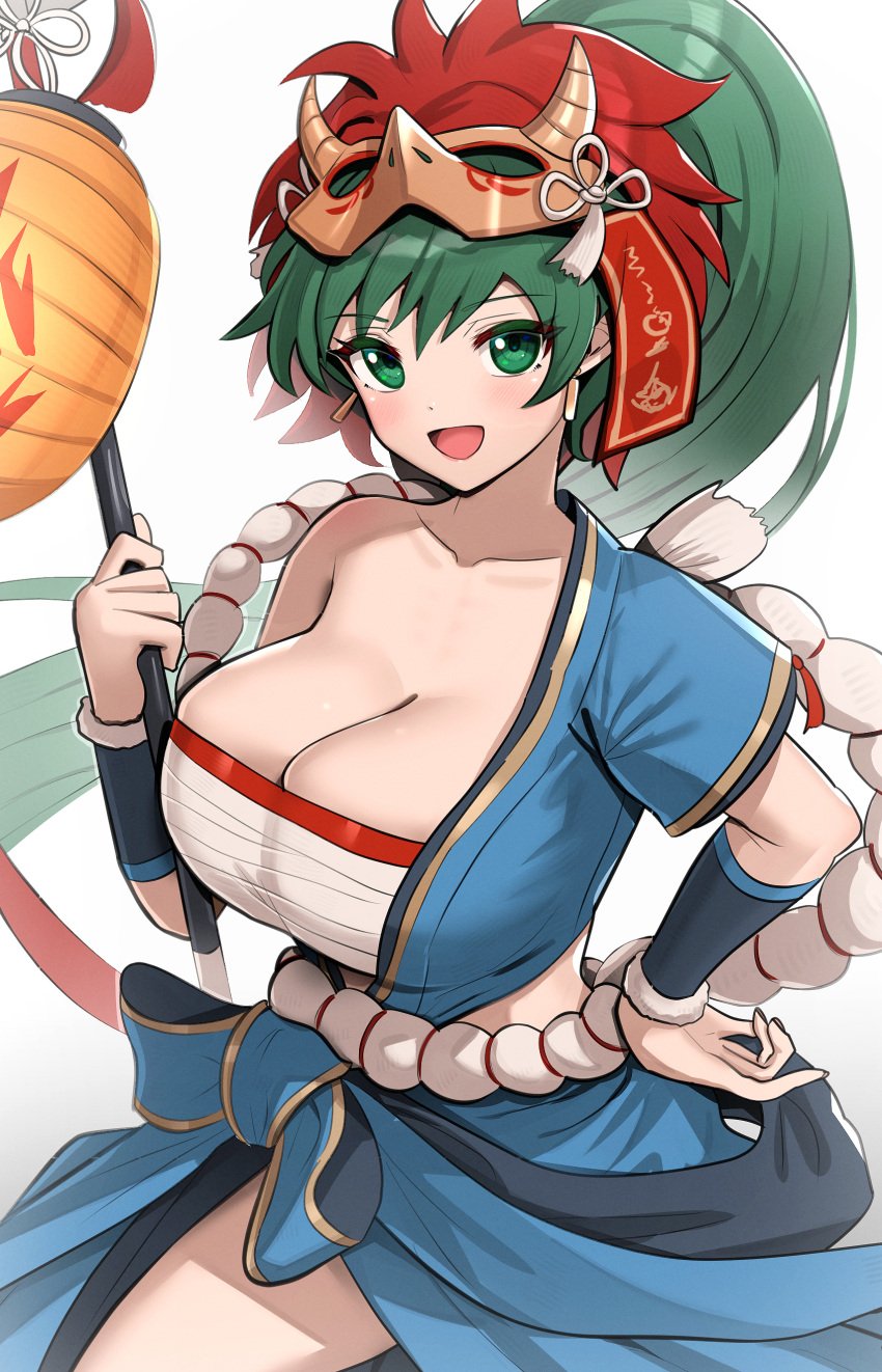 1girls :d absurdres alternate_costume bandages bangs blue_shirt blue_skirt blush breasts chest_sarashi cleavage collarbone commentary cowboy_shot female female_only fire_emblem fire_emblem:_the_blazing_blade fire_emblem_heroes gonzarez green_eyes green_hair hand_on_hip hand_up highres holding large_breasts long_hair looking_at_viewer lyn_(fire_emblem) lyn_(flame)_(fire_emblem) mask mask_on_head nintendo official_alternate_costume open_mouth ponytail sarashi shirt simple_background single-shoulder_shirt single_bare_shoulder single_sleeve skirt smile solo standing strapless tube_top very_long_hair white_background